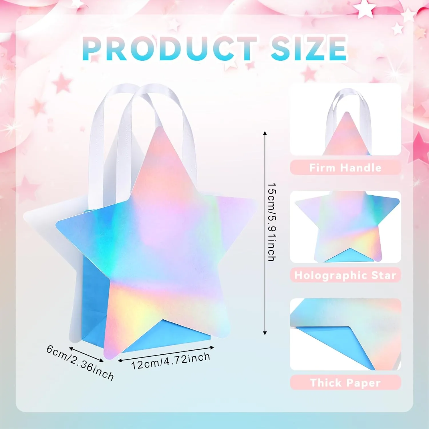 Sweetude 12 Pcs Star Shaped Party Favor Bags with Handle Mini Iridescent Paper Gift Goodie Bags for Holiday Wedding Birthday Party Supplies