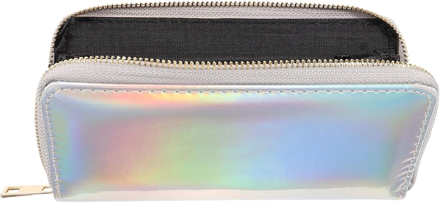 TENDYCOCO Sparking Cell Pouch Wallet Clutch Pu Women Female Coin Leather Long Wallets Credit Rainbow Portfel Shining Silver Zipper Holographic Slim Bag Purses Iridescent Girls for Girls Women