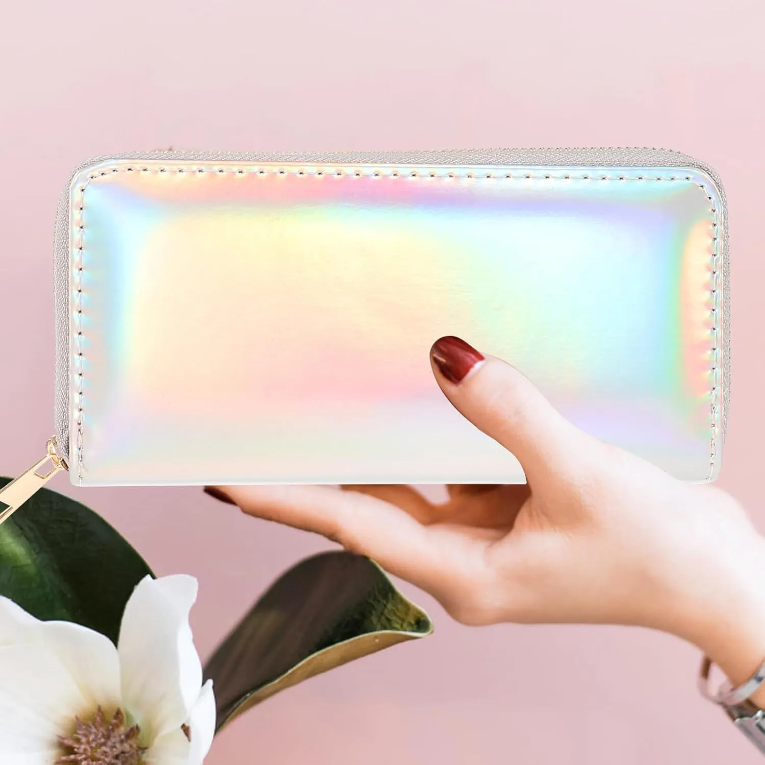 TENDYCOCO Sparking Cell Pouch Wallet Clutch Pu Women Female Coin Leather Long Wallets Credit Rainbow Portfel Shining Silver Zipper Holographic Slim Bag Purses Iridescent Girls for Girls Women