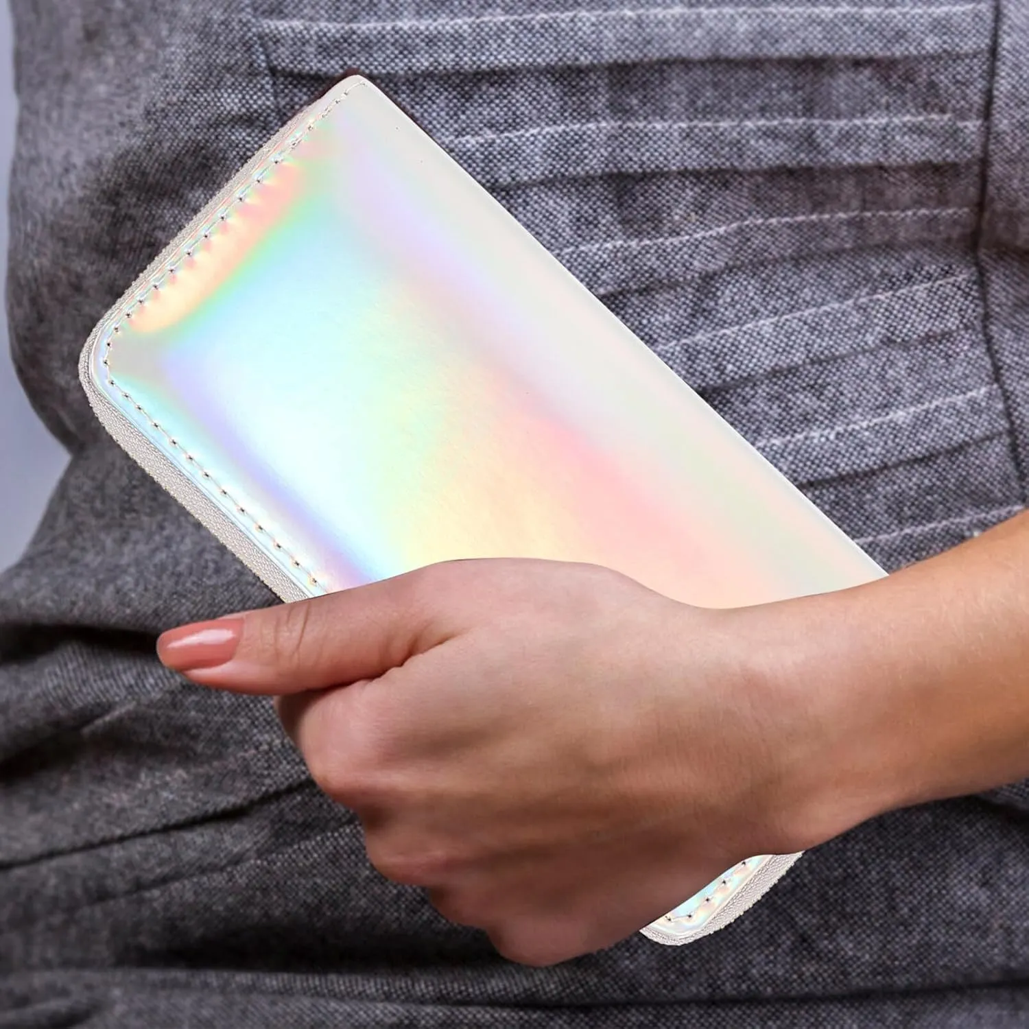 TENDYCOCO Sparking Cell Pouch Wallet Clutch Pu Women Female Coin Leather Long Wallets Credit Rainbow Portfel Shining Silver Zipper Holographic Slim Bag Purses Iridescent Girls for Girls Women
