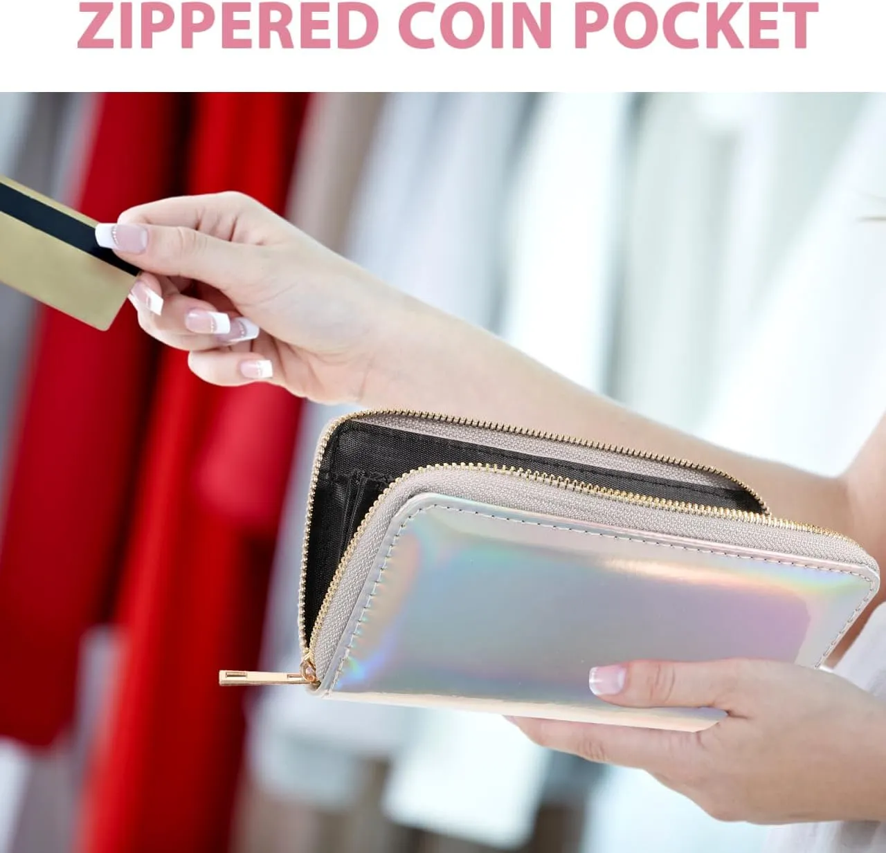 TENDYCOCO Sparking Cell Pouch Wallet Clutch Pu Women Female Coin Leather Long Wallets Credit Rainbow Portfel Shining Silver Zipper Holographic Slim Bag Purses Iridescent Girls for Girls Women
