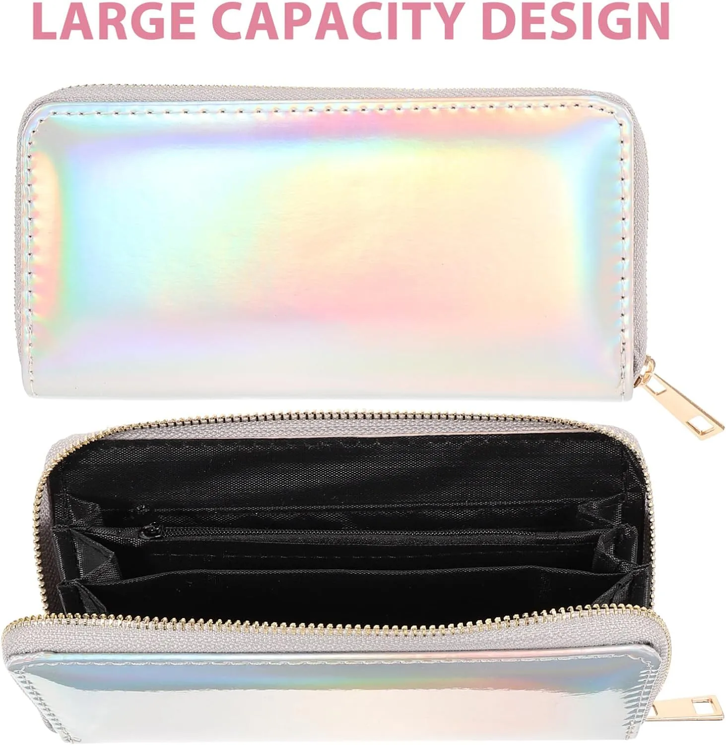 TENDYCOCO Sparking Cell Pouch Wallet Clutch Pu Women Female Coin Leather Long Wallets Credit Rainbow Portfel Shining Silver Zipper Holographic Slim Bag Purses Iridescent Girls for Girls Women