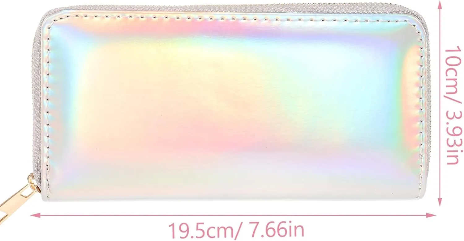 TENDYCOCO Sparking Cell Pouch Wallet Clutch Pu Women Female Coin Leather Long Wallets Credit Rainbow Portfel Shining Silver Zipper Holographic Slim Bag Purses Iridescent Girls for Girls Women