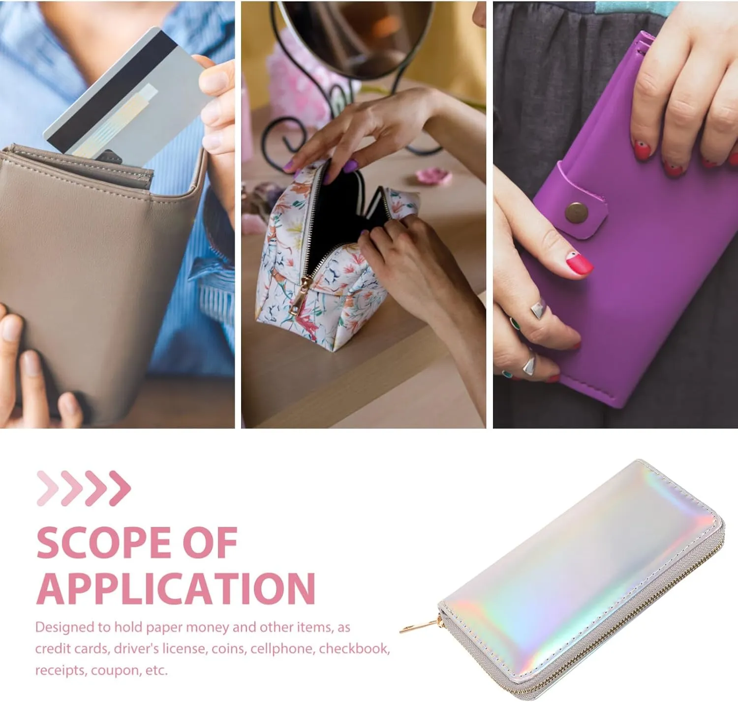 TENDYCOCO Sparking Cell Pouch Wallet Clutch Pu Women Female Coin Leather Long Wallets Credit Rainbow Portfel Shining Silver Zipper Holographic Slim Bag Purses Iridescent Girls for Girls Women