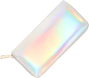 TENDYCOCO Sparking Cell Pouch Wallet Clutch Pu Women Female Coin Leather Long Wallets Credit Rainbow Portfel Shining Silver Zipper Holographic Slim Bag Purses Iridescent Girls for Girls Women