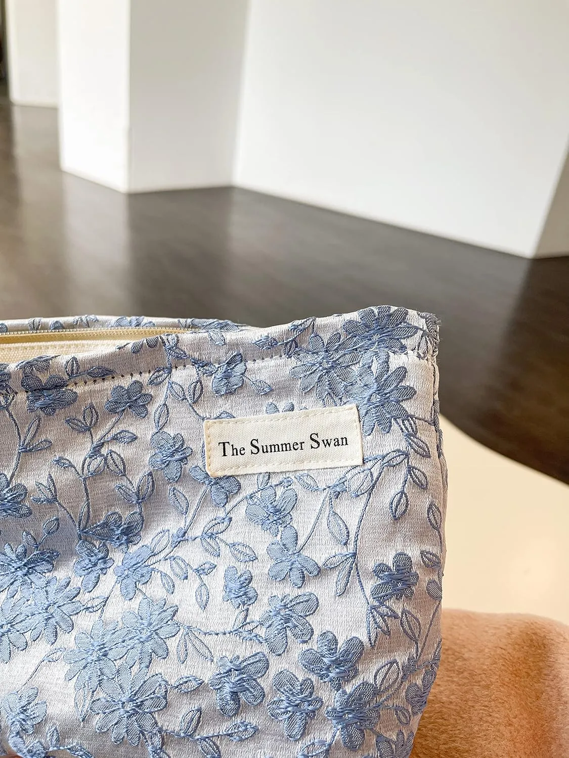 The Summer Swan | Floral Cosmetic Bag｜Large Aesthetic Makeup Bag Travel Personal Item Preppy Pouch Skincare (Embroidery Blue)