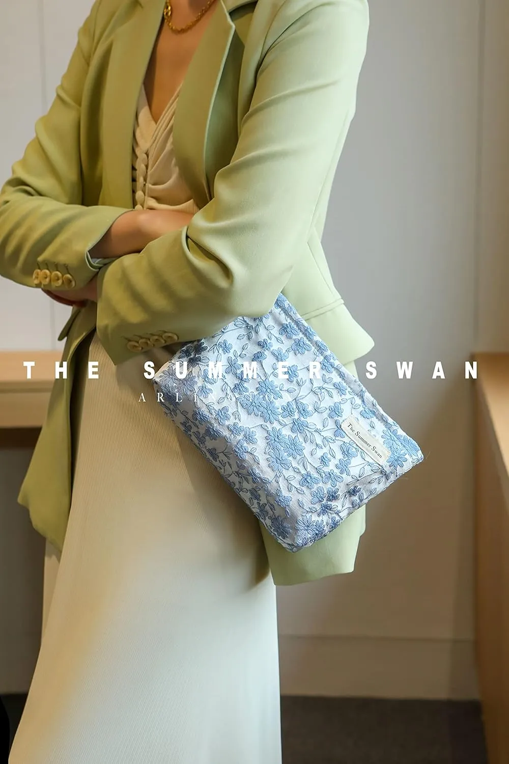 The Summer Swan | Floral Cosmetic Bag｜Large Aesthetic Makeup Bag Travel Personal Item Preppy Pouch Skincare (Embroidery Blue)
