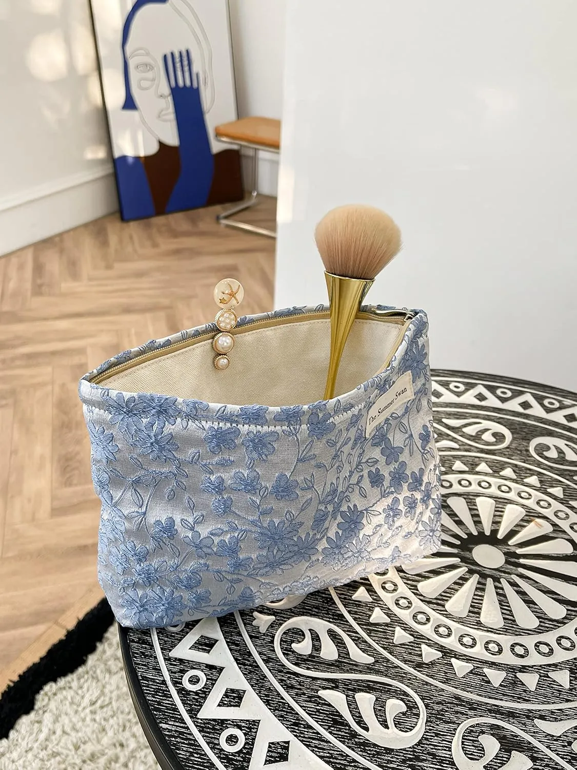 The Summer Swan | Floral Cosmetic Bag｜Large Aesthetic Makeup Bag Travel Personal Item Preppy Pouch Skincare (Embroidery Blue)