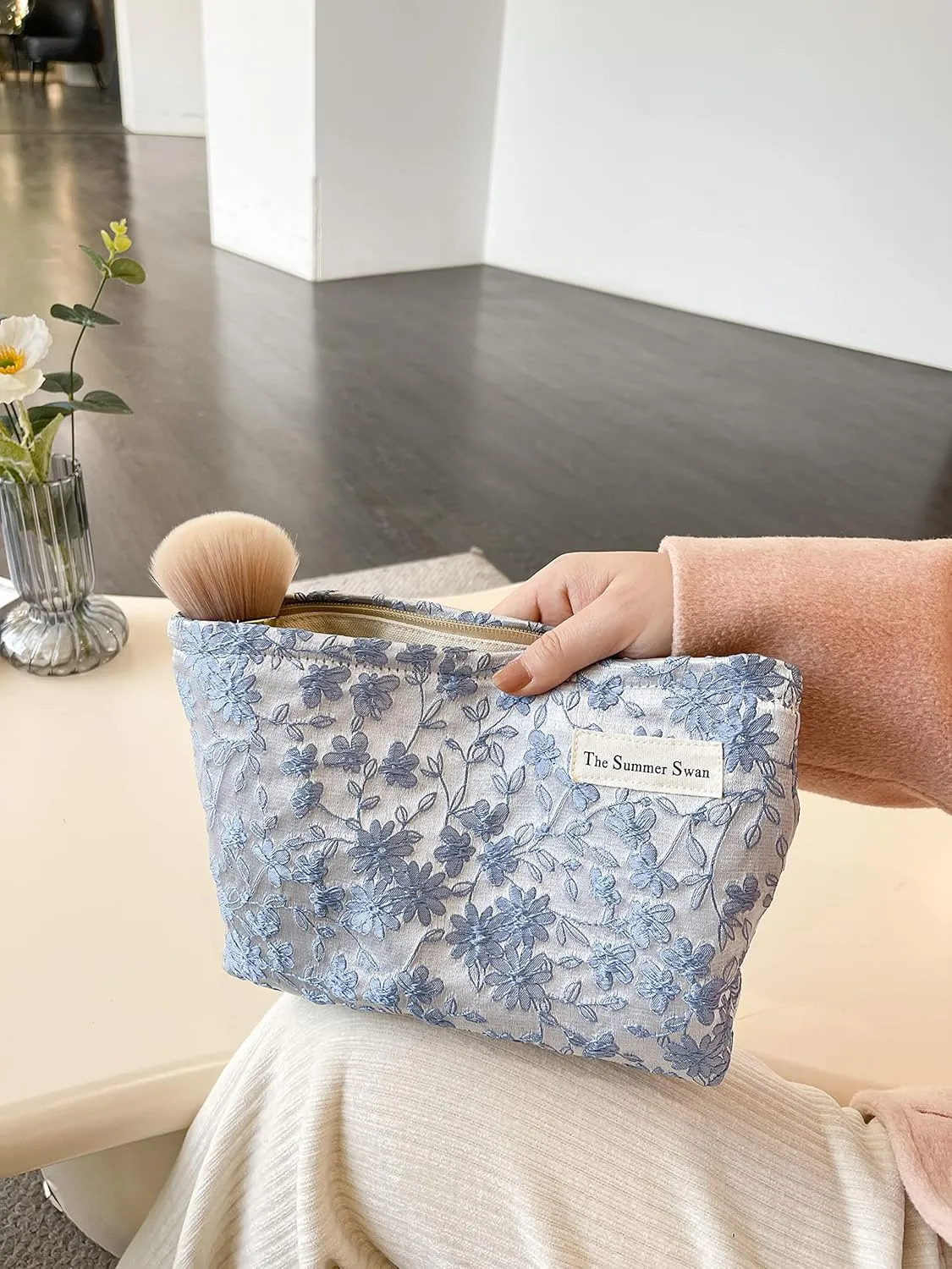The Summer Swan | Floral Cosmetic Bag｜Large Aesthetic Makeup Bag Travel Personal Item Preppy Pouch Skincare (Embroidery Blue)