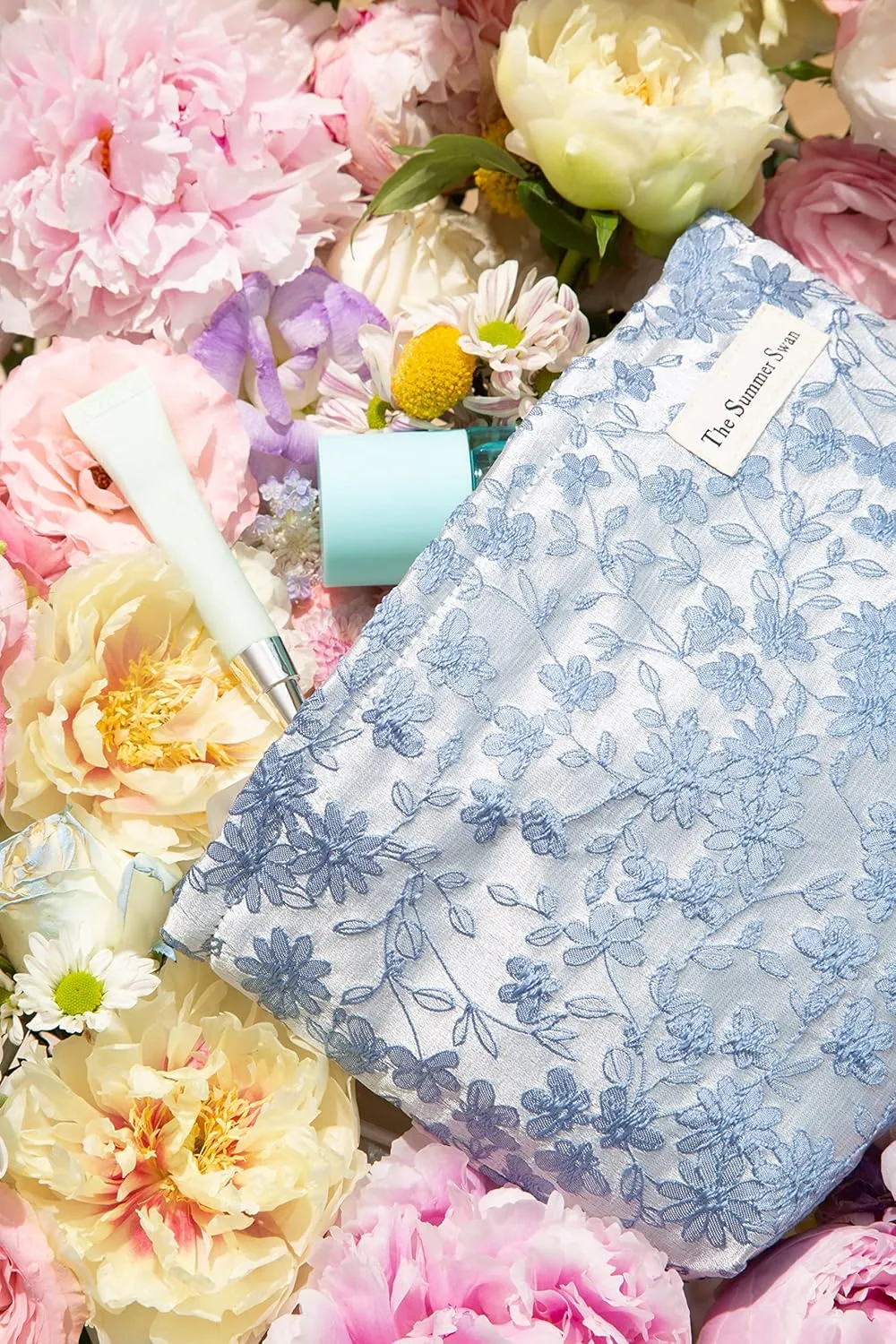 The Summer Swan | Floral Cosmetic Bag｜Large Aesthetic Makeup Bag Travel Personal Item Preppy Pouch Skincare (Embroidery Blue)
