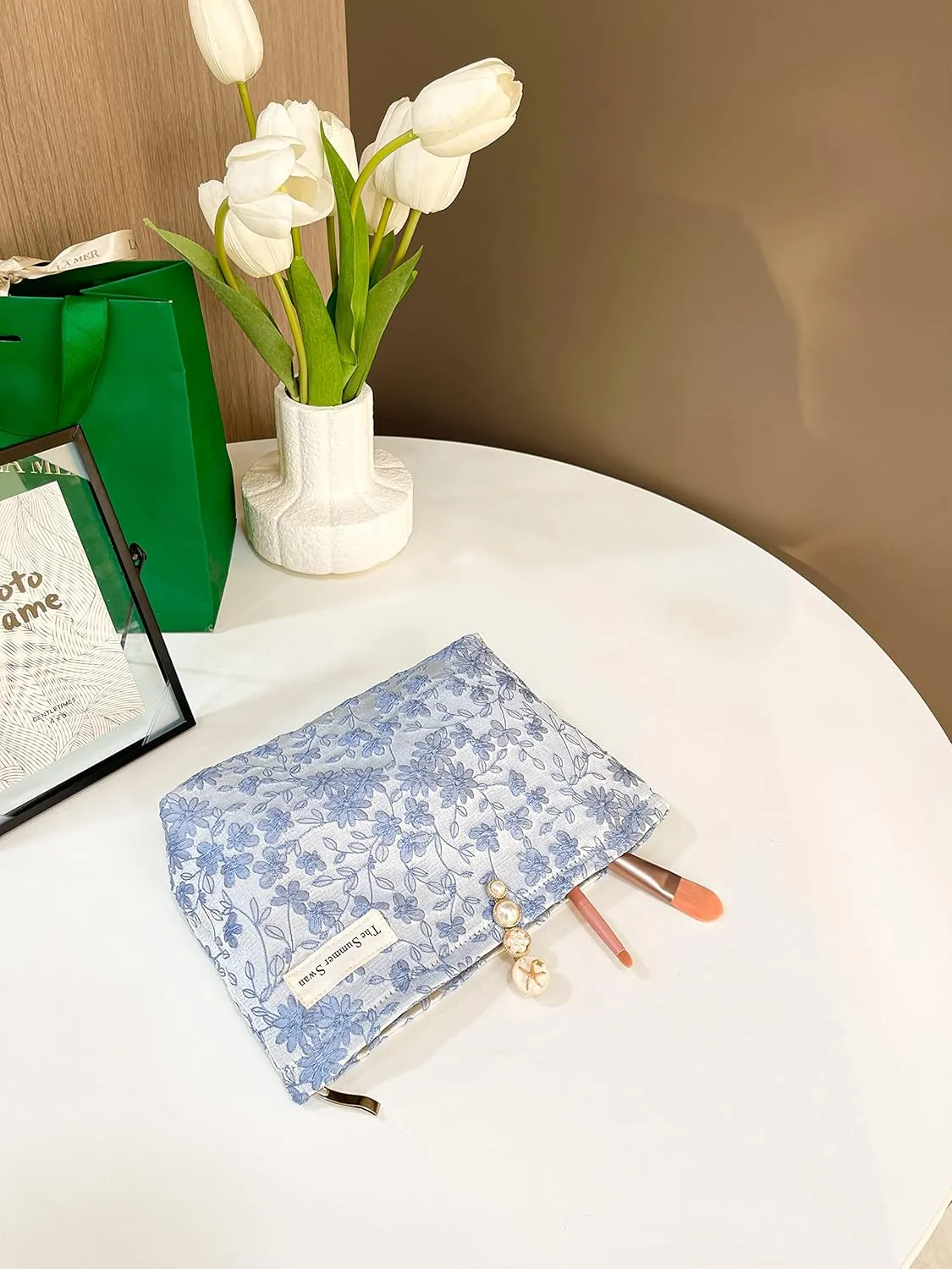 The Summer Swan | Floral Cosmetic Bag｜Large Aesthetic Makeup Bag Travel Personal Item Preppy Pouch Skincare (Embroidery Blue)