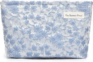 The Summer Swan | Floral Cosmetic Bag｜Large Aesthetic Makeup Bag Travel Personal Item Preppy Pouch Skincare (Embroidery Blue)