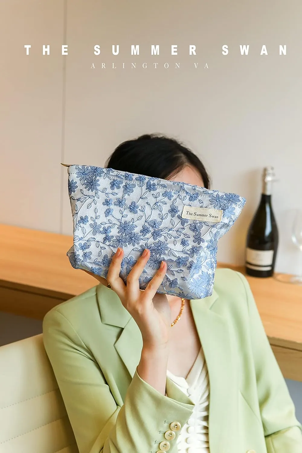 The Summer Swan | Floral Cosmetic Bag｜Large Aesthetic Makeup Bag Travel Personal Item Preppy Pouch Skincare (Embroidery Blue)