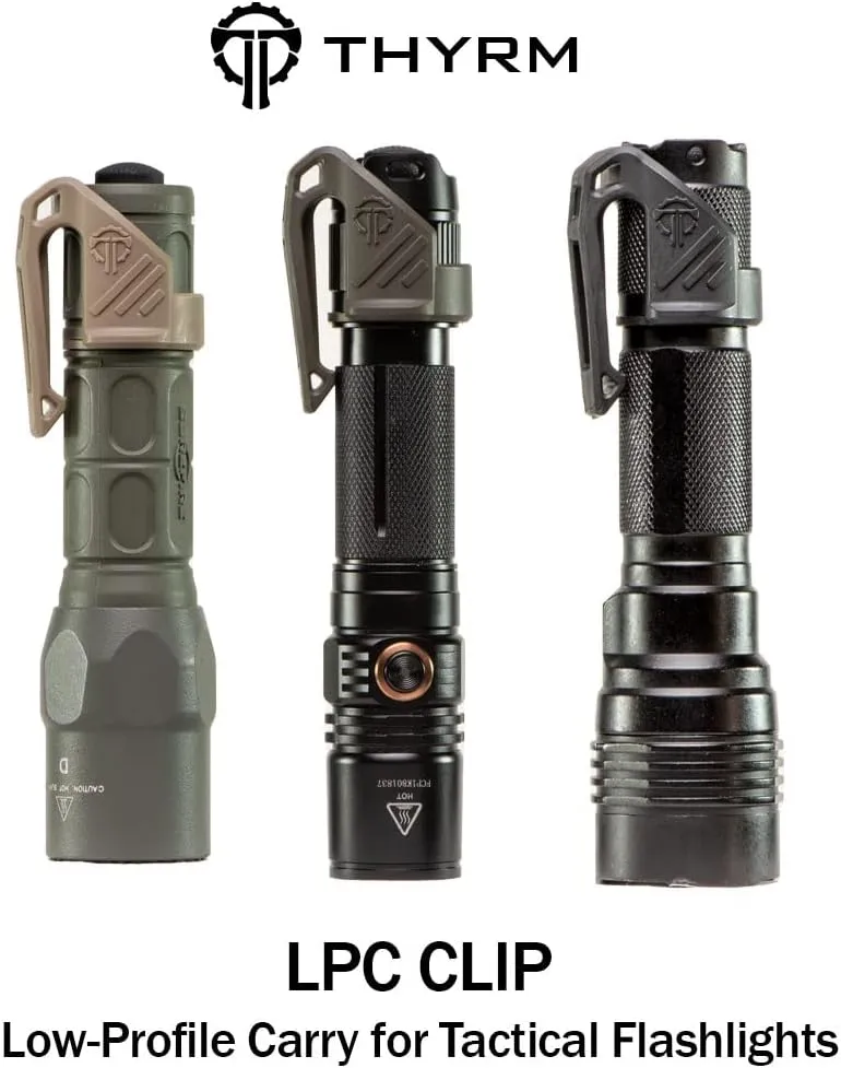 Thyrm Low Profile Carry Clip for Flashlight (LPC Clip, fits Many 1" Diameter Lights, Black) for Pocket or MOLLE Retention, Made in USA