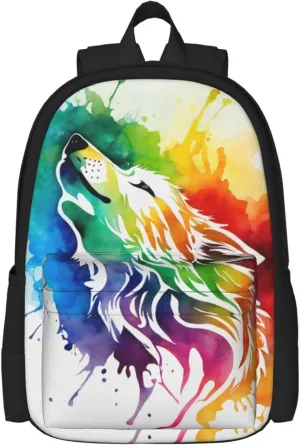 Tie Dye Howl Wolf Kids Backpack for Girls School Bookbag 17 Inch Plus Laptop Bag Casual Daypack Shoulder Bag Unisex 1-5th Grade
