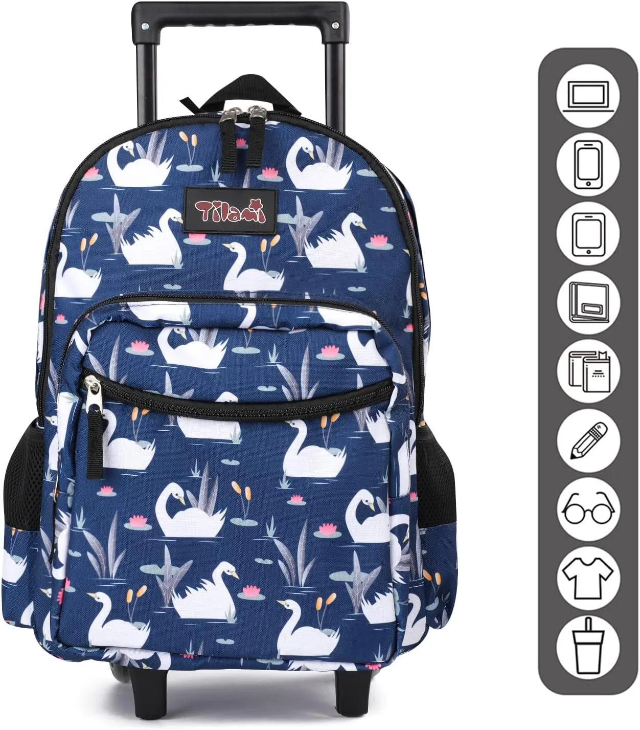 Tilami Rolling Backpack 18 inch Double Handle with Lunch Bag Wheeled Kids Backpack, Swan Blue