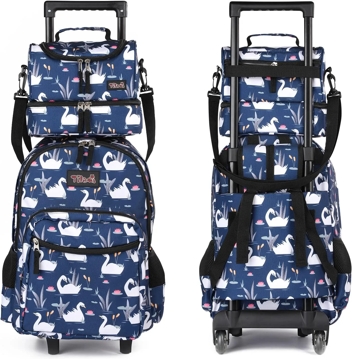 Tilami Rolling Backpack 18 inch Double Handle with Lunch Bag Wheeled Kids Backpack, Swan Blue