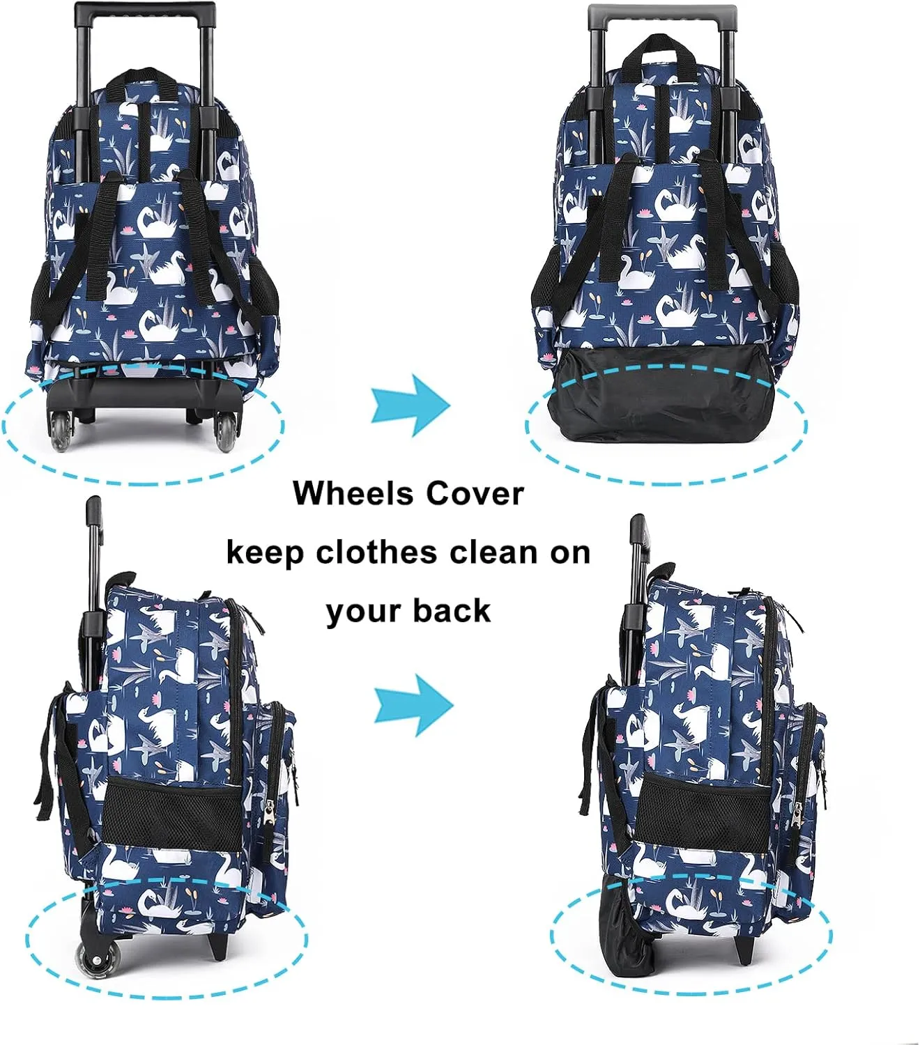 Tilami Rolling Backpack 18 inch Double Handle with Lunch Bag Wheeled Kids Backpack, Swan Blue