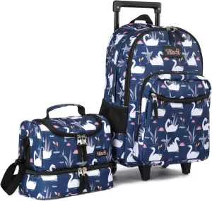 Tilami Rolling Backpack 18 inch Double Handle with Lunch Bag Wheeled Kids Backpack, Swan Blue