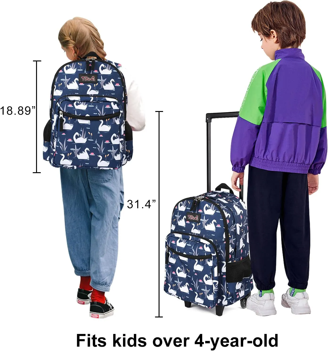 Tilami Rolling Backpack 18 inch Double Handle with Lunch Bag Wheeled Kids Backpack, Swan Blue