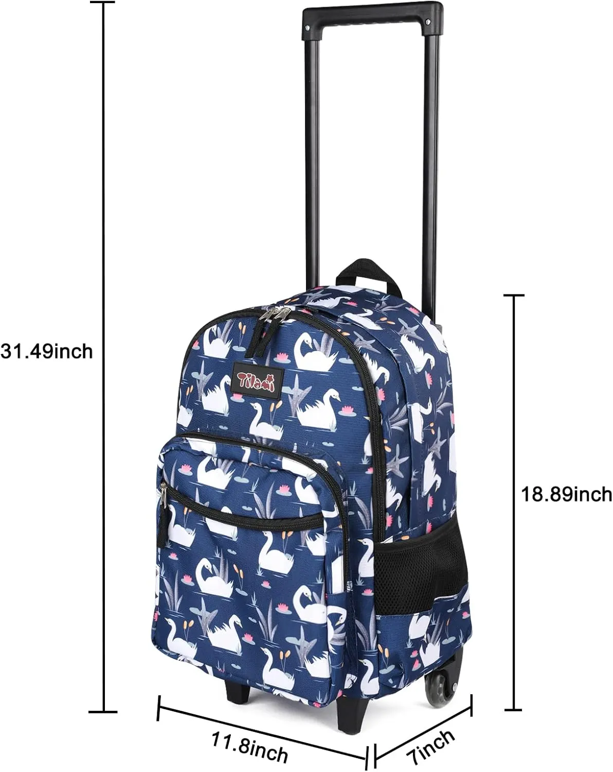 Tilami Rolling Backpack 18 inch Double Handle with Lunch Bag Wheeled Kids Backpack, Swan Blue