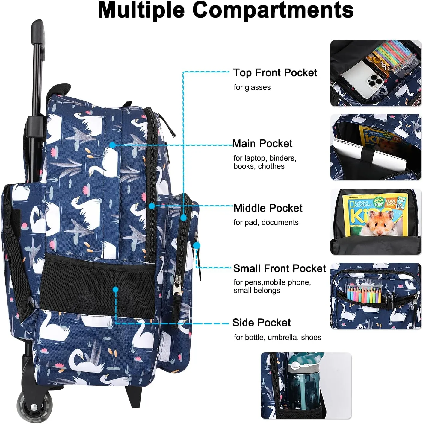 Tilami Rolling Backpack 18 inch Double Handle with Lunch Bag Wheeled Kids Backpack, Swan Blue