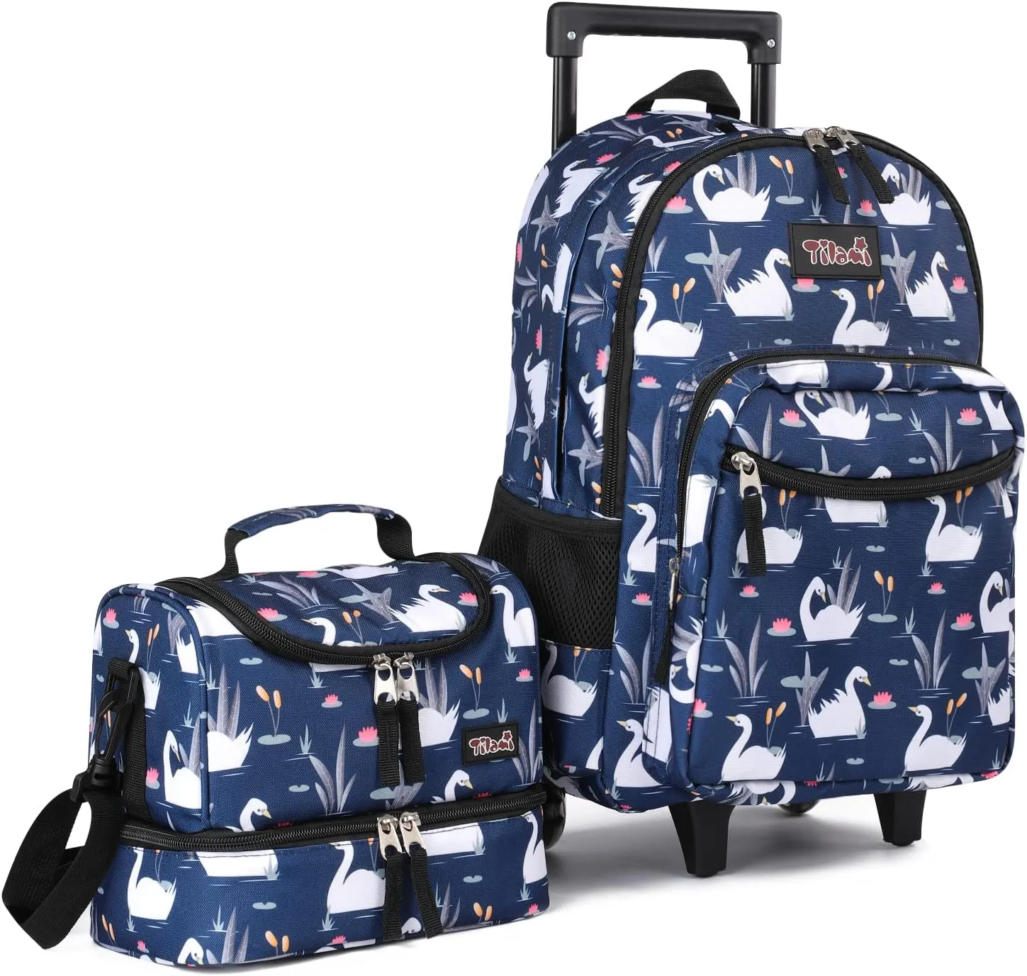 Tilami Rolling Backpack 18 inch Double Handle with Lunch Bag Wheeled Kids Backpack, Swan Blue