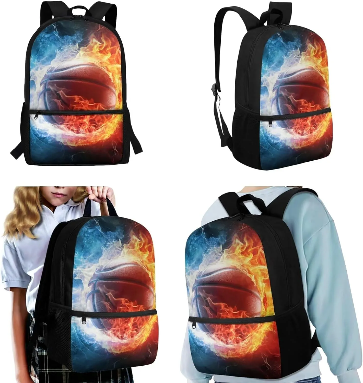 TOADDITDO Basketball Bookbag and Lunch Box Set for Boys 3 Piece School Bags Set with Pencil Case Teenage Water and Fire Print Bookbag Middle School Large Capacity Hiking Schoolbag Laptop Backpacks