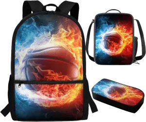 TOADDITDO Basketball Bookbag and Lunch Box Set for Boys 3 Piece School Bags Set with Pencil Case Teenage Water and Fire Print Bookbag Middle School Large Capacity Hiking Schoolbag Laptop Backpacks