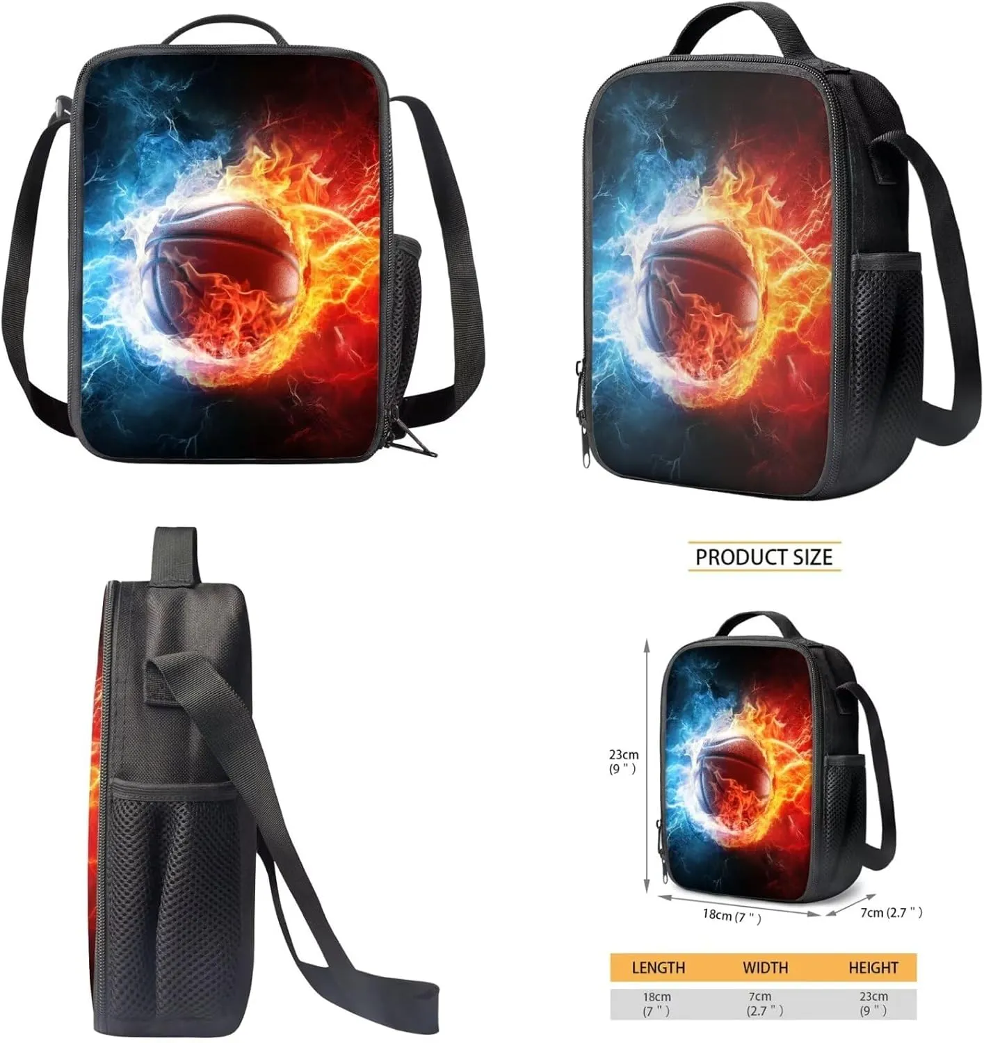 TOADDITDO Basketball Bookbag and Lunch Box Set for Boys 3 Piece School Bags Set with Pencil Case Teenage Water and Fire Print Bookbag Middle School Large Capacity Hiking Schoolbag Laptop Backpacks