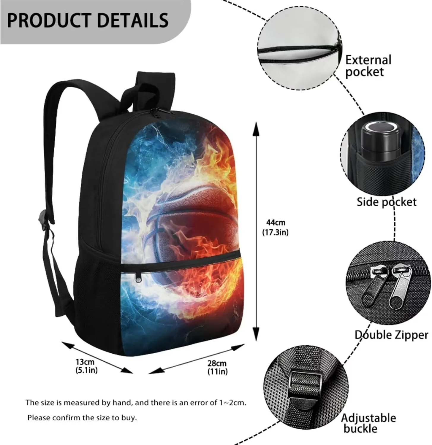 TOADDITDO Basketball Bookbag and Lunch Box Set for Boys 3 Piece School Bags Set with Pencil Case Teenage Water and Fire Print Bookbag Middle School Large Capacity Hiking Schoolbag Laptop Backpacks