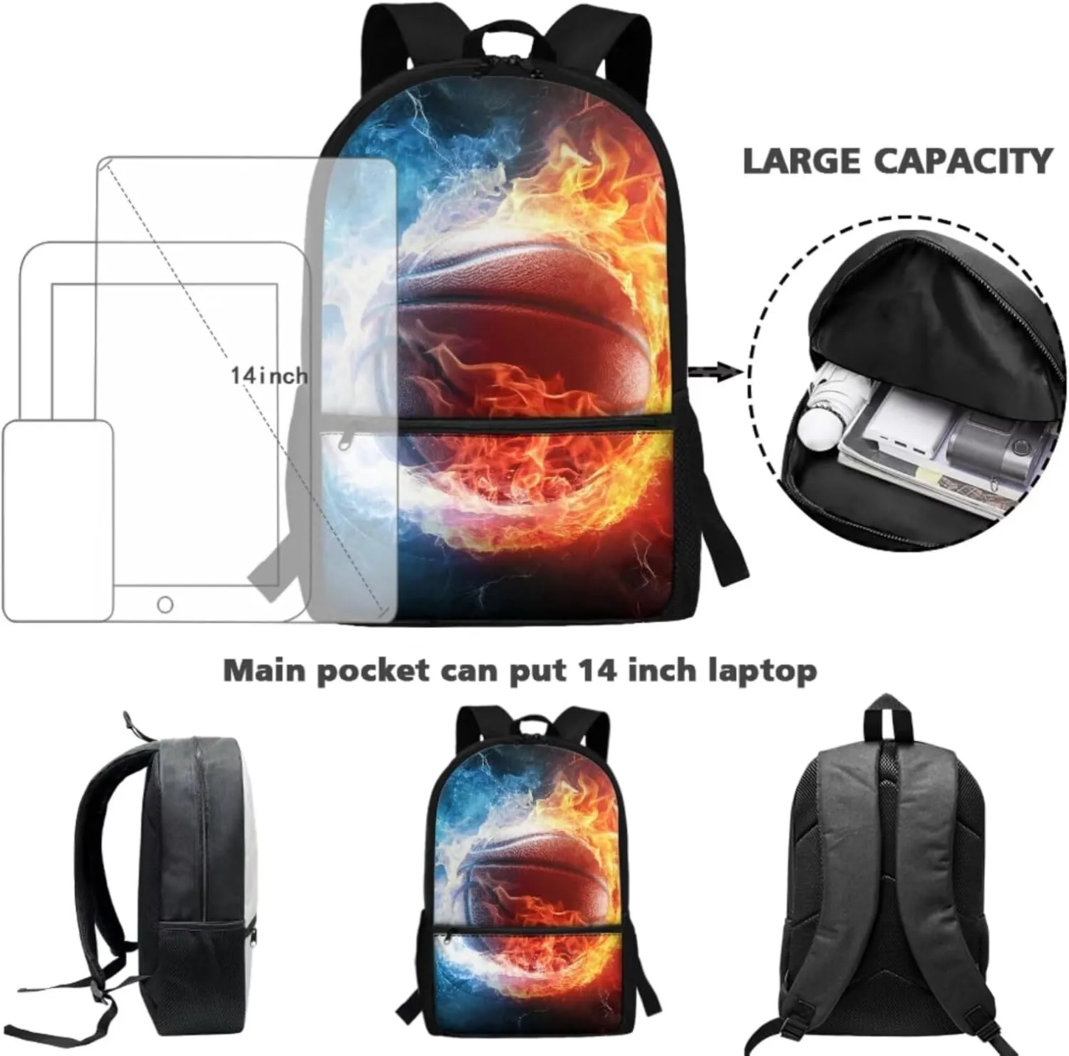 TOADDITDO Basketball Bookbag and Lunch Box Set for Boys 3 Piece School Bags Set with Pencil Case Teenage Water and Fire Print Bookbag Middle School Large Capacity Hiking Schoolbag Laptop Backpacks