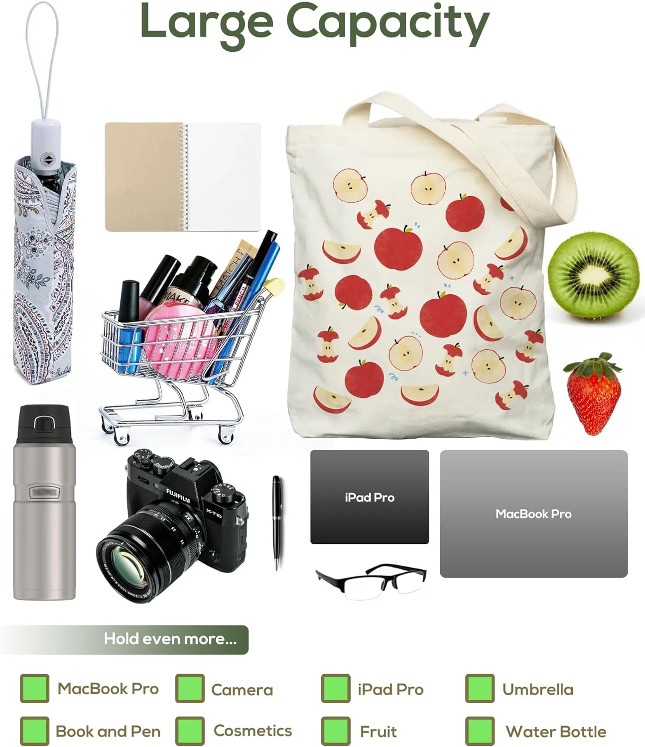 Tote Bag for Women, Large Two Sided Printing Tote Bags with Zipper, Cute Aesthetic Floral Canvas Tote with Pocket