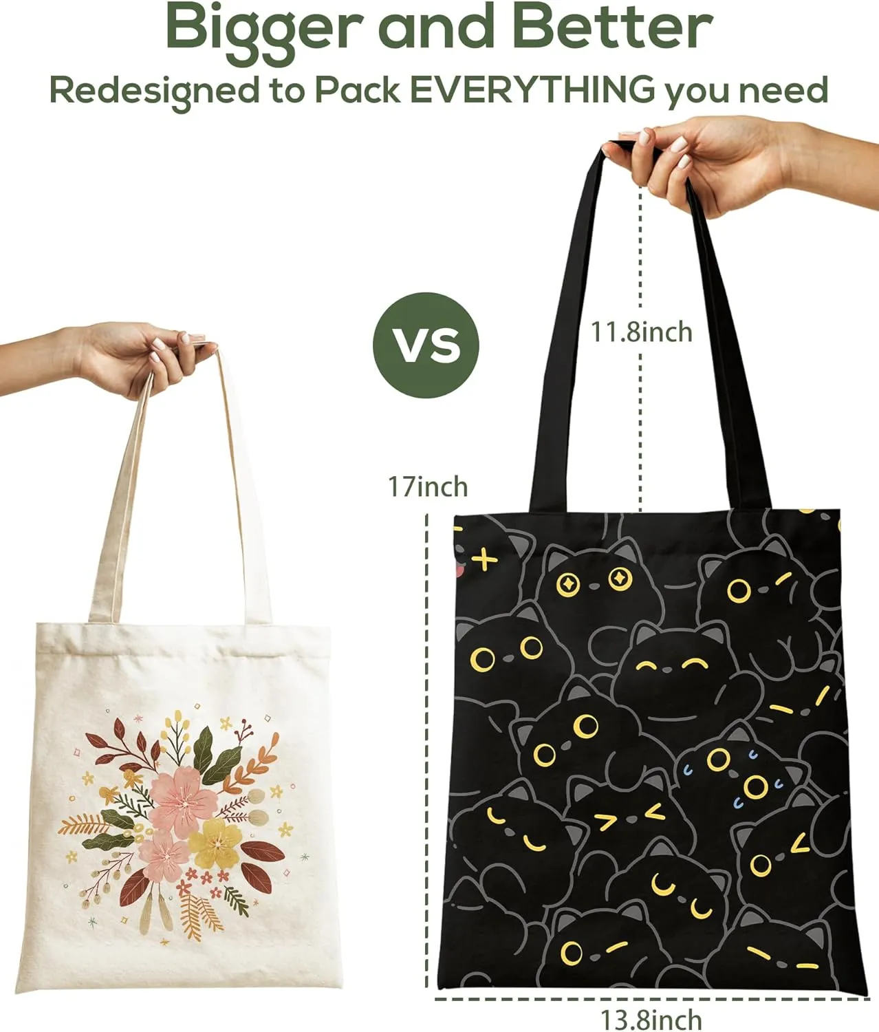 Tote Bag for Women, Large Two Sided Printing Tote Bags with Zipper, Cute Aesthetic Floral Canvas Tote with Pocket