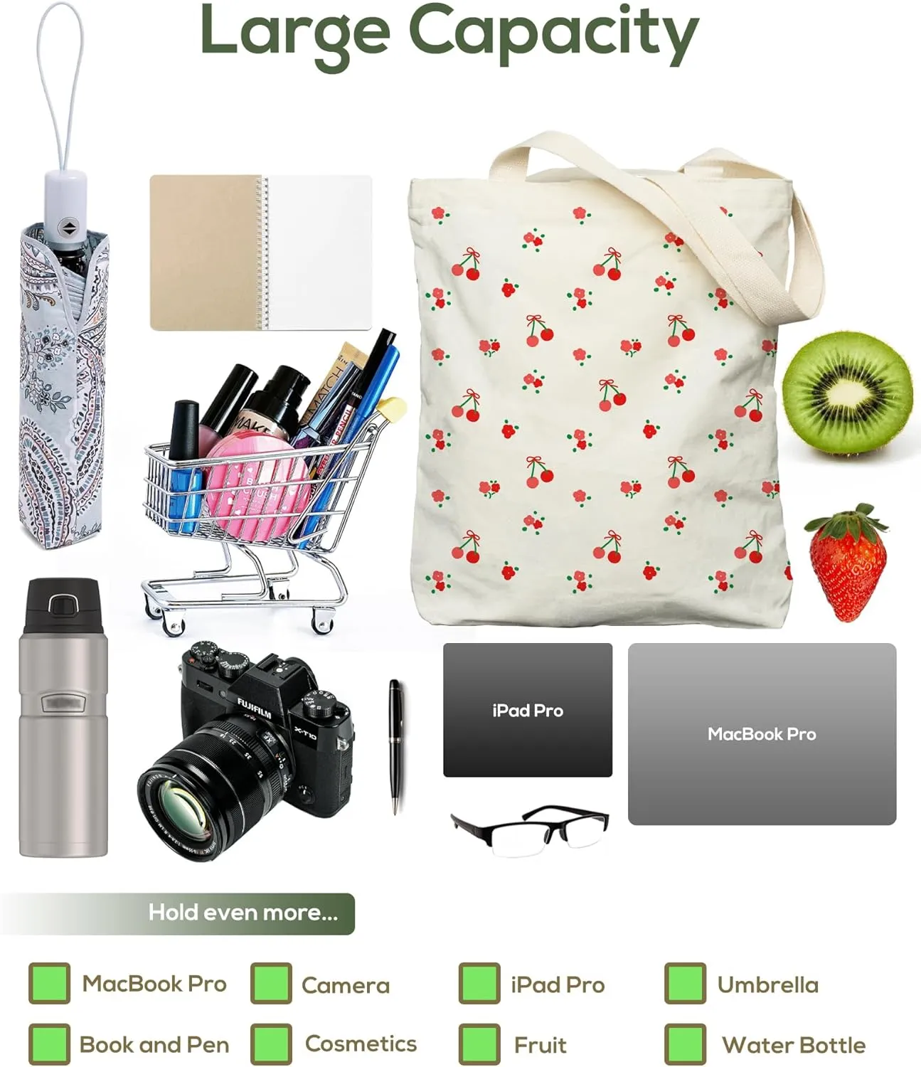 Tote Bag for Women, Large Two Sided Printing Tote Bags with Zipper, Cute Aesthetic Floral Canvas Tote with Pocket