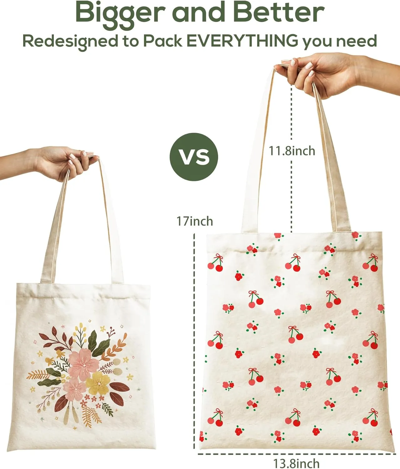Tote Bag for Women, Large Two Sided Printing Tote Bags with Zipper, Cute Aesthetic Floral Canvas Tote with Pocket