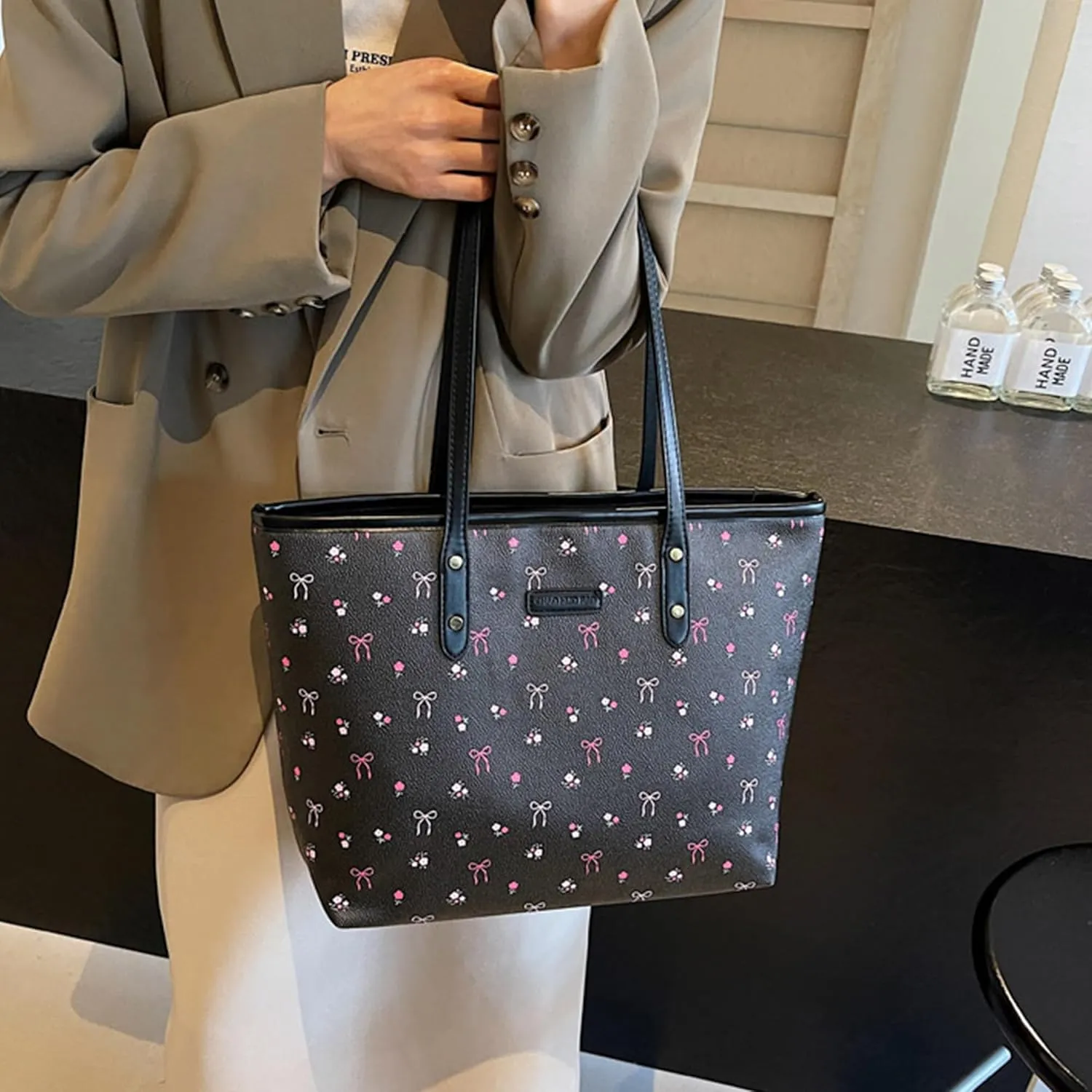 Tote Bags for Women Faux Leather Cherry Print Shoulder Bag Cute Floral Purse Trendy Tote Handbags for Travel Work