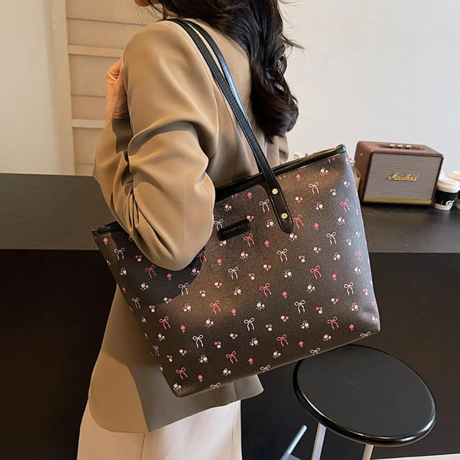 Tote Bags for Women Faux Leather Cherry Print Shoulder Bag Cute Floral Purse Trendy Tote Handbags for Travel Work