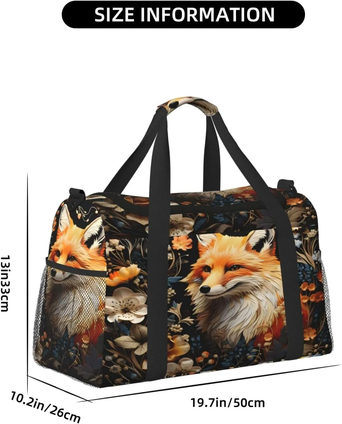 Travel Duffel Bag For Men Women, Floral Animal Fox Painting Carry On Sport Gym Bag With Shoulder Strap Lightweight Waterproof Weekender Bag Overnight Bag