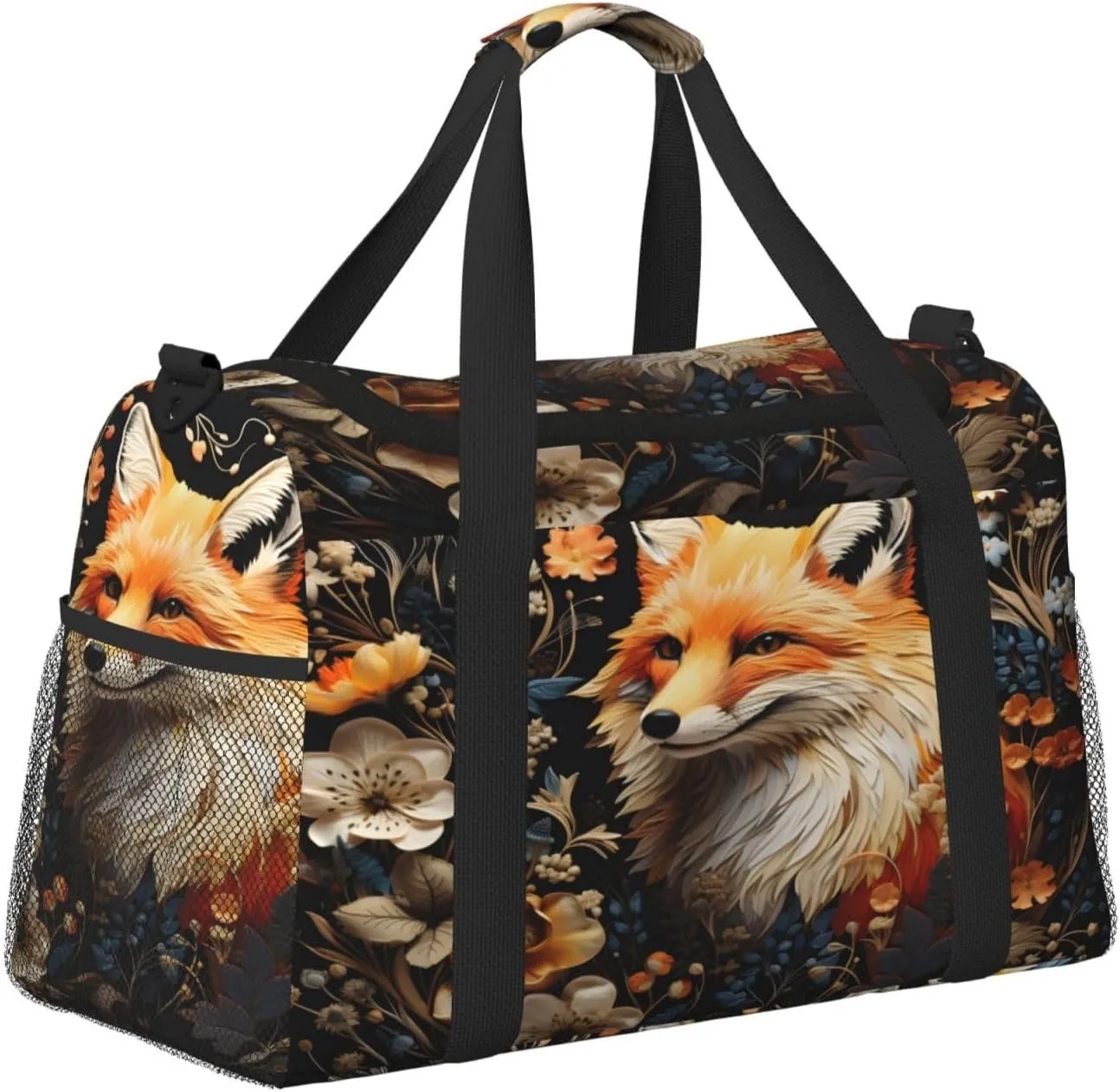 Travel Duffel Bag For Men Women, Floral Animal Fox Painting Carry On Sport Gym Bag With Shoulder Strap Lightweight Waterproof Weekender Bag Overnight Bag