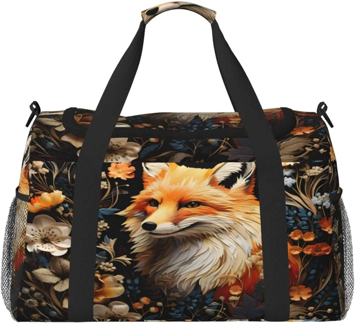 Travel Duffel Bag For Men Women, Floral Animal Fox Painting Carry On Sport Gym Bag With Shoulder Strap Lightweight Waterproof Weekender Bag Overnight Bag