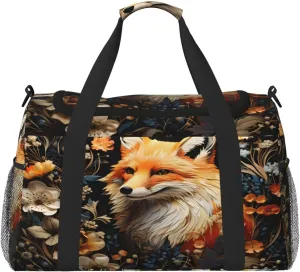 Travel Duffel Bag For Men Women, Floral Animal Fox Painting Carry On Sport Gym Bag With Shoulder Strap Lightweight Waterproof Weekender Bag Overnight Bag