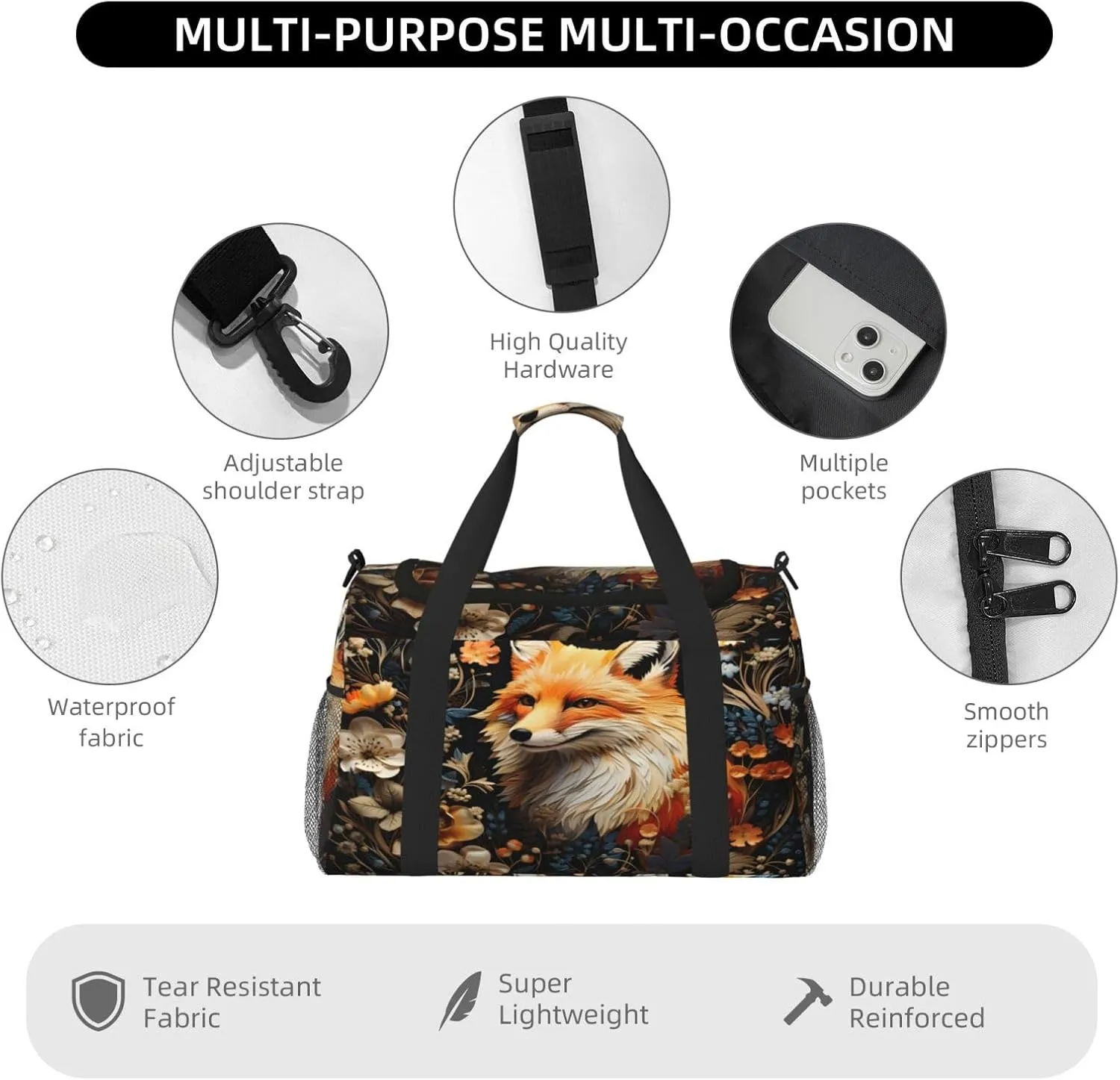 Travel Duffel Bag For Men Women, Floral Animal Fox Painting Carry On Sport Gym Bag With Shoulder Strap Lightweight Waterproof Weekender Bag Overnight Bag
