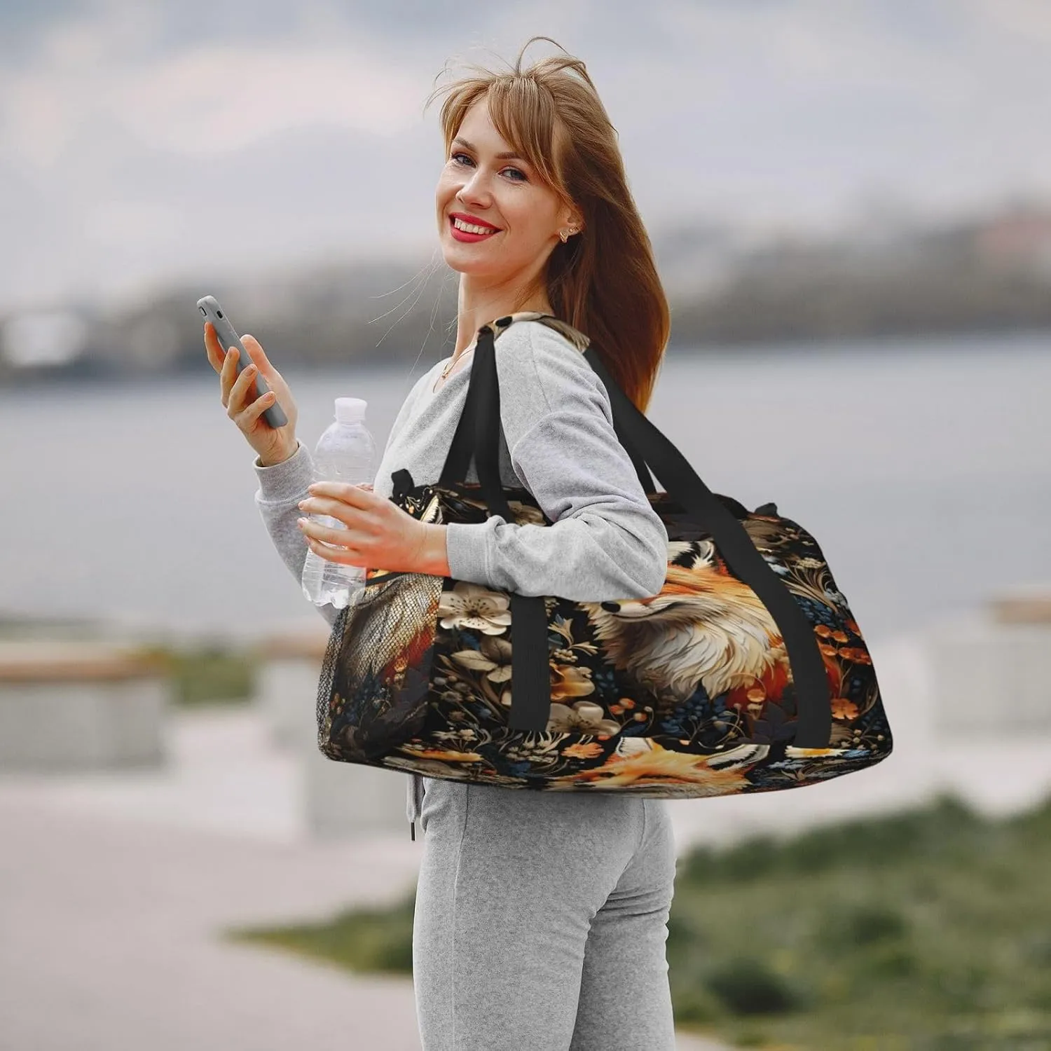Travel Duffel Bag For Men Women, Floral Animal Fox Painting Carry On Sport Gym Bag With Shoulder Strap Lightweight Waterproof Weekender Bag Overnight Bag