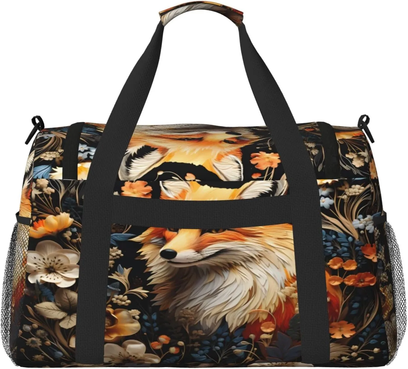 Travel Duffel Bag For Men Women, Floral Animal Fox Painting Carry On Sport Gym Bag With Shoulder Strap Lightweight Waterproof Weekender Bag Overnight Bag