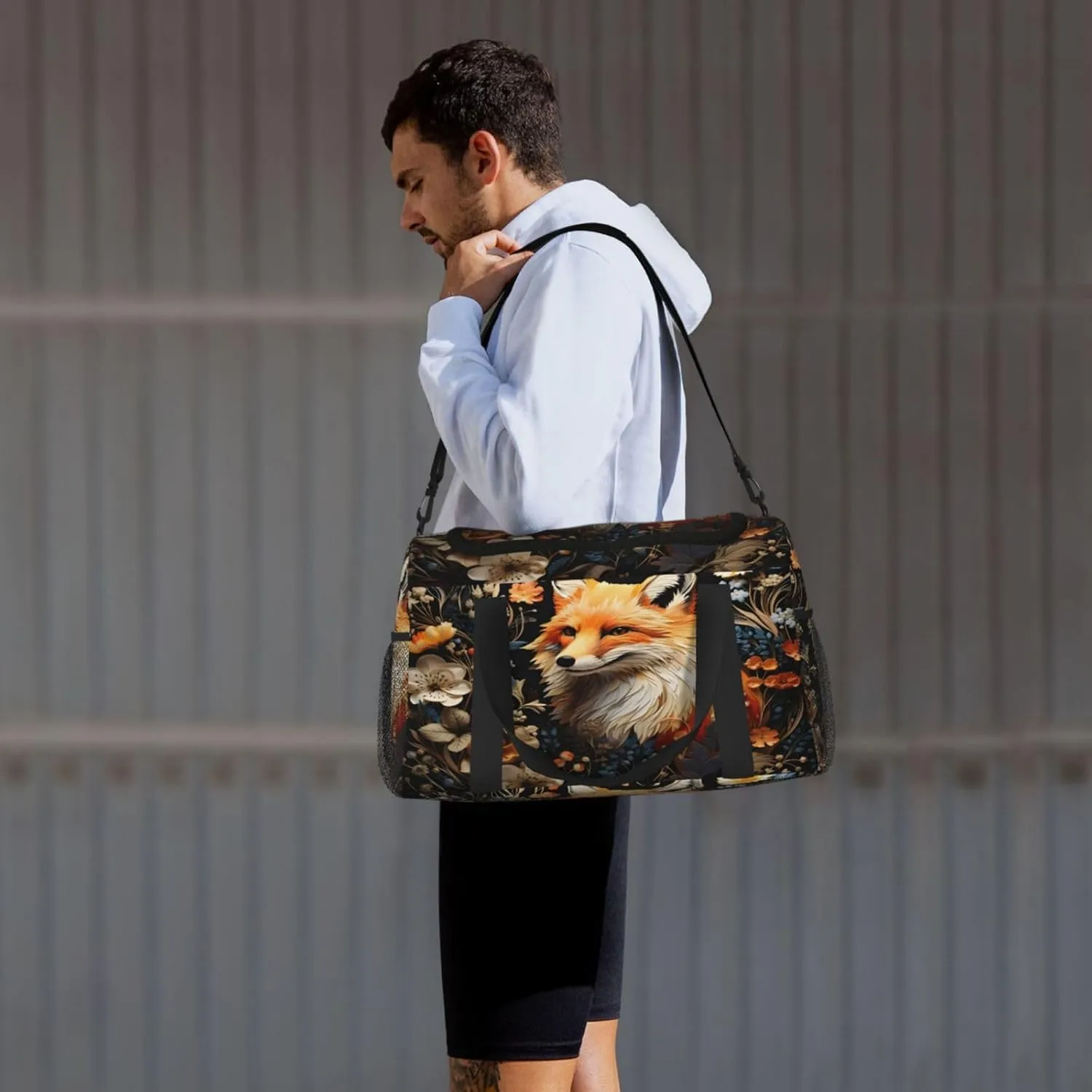 Travel Duffel Bag For Men Women, Floral Animal Fox Painting Carry On Sport Gym Bag With Shoulder Strap Lightweight Waterproof Weekender Bag Overnight Bag