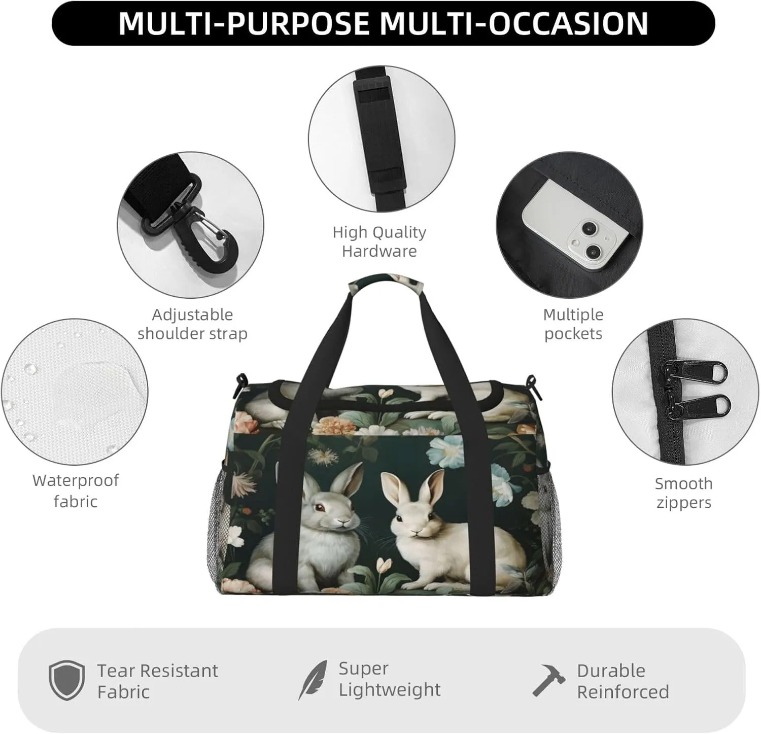 Travel Duffel Bag For Men Women, Floral Rabbit Animal Carry On Sport Gym Bag With Shoulder Strap Lightweight Waterproof Weekender Bag Overnight Bag