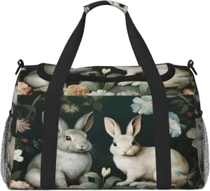 Travel Duffel Bag For Men Women, Floral Rabbit Animal Carry On Sport Gym Bag With Shoulder Strap Lightweight Waterproof Weekender Bag Overnight Bag