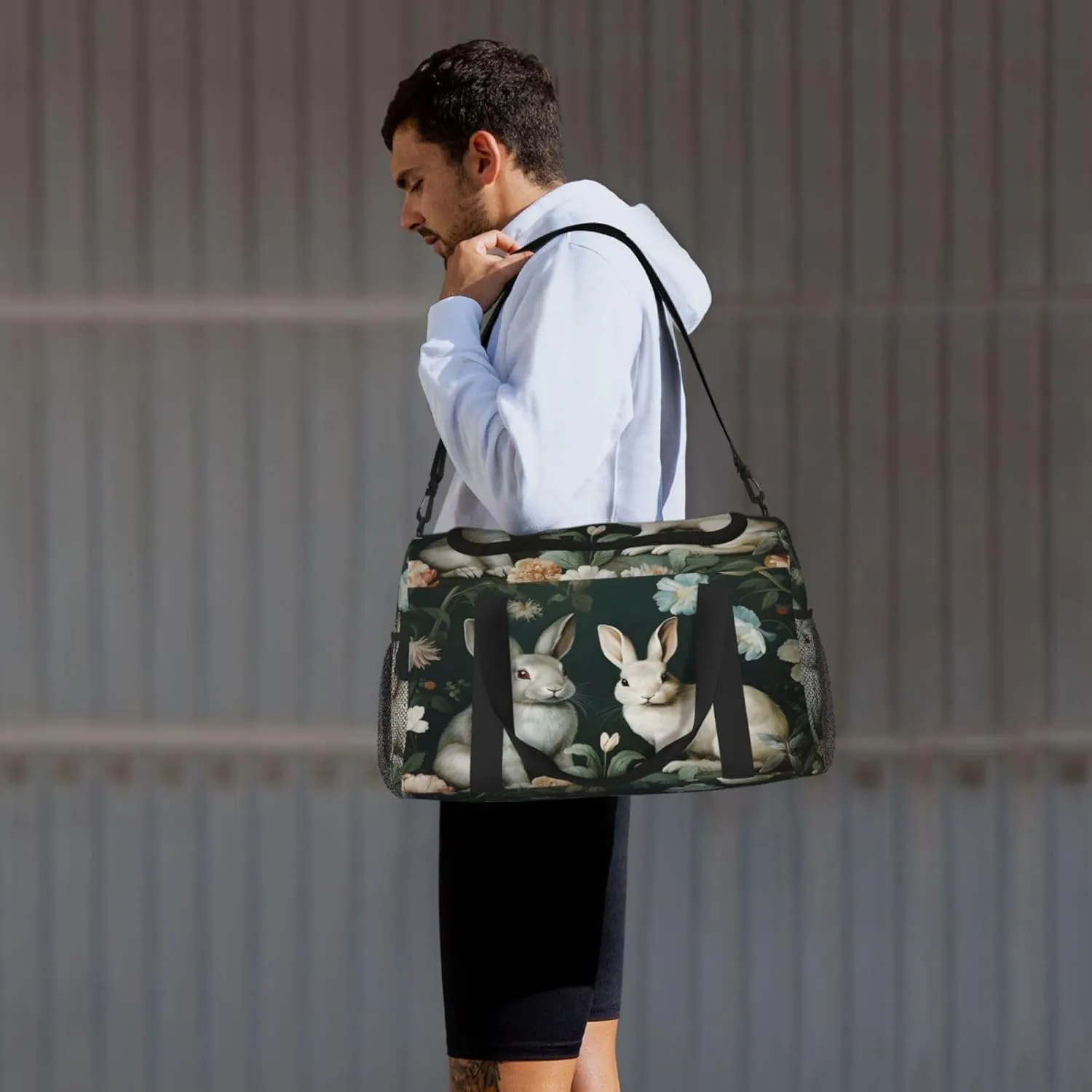 Travel Duffel Bag For Men Women, Floral Rabbit Animal Carry On Sport Gym Bag With Shoulder Strap Lightweight Waterproof Weekender Bag Overnight Bag