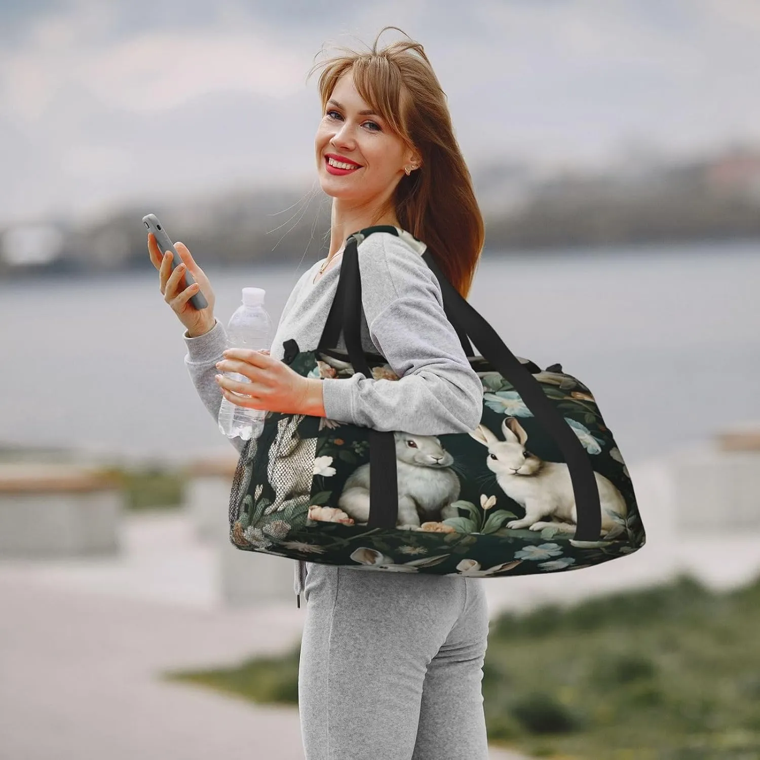 Travel Duffel Bag For Men Women, Floral Rabbit Animal Carry On Sport Gym Bag With Shoulder Strap Lightweight Waterproof Weekender Bag Overnight Bag